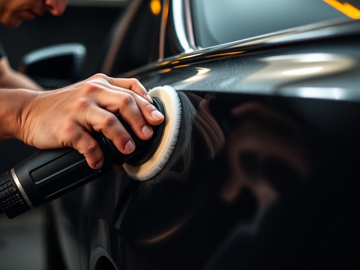 Polissage de la carrosserie d'une voiture noire